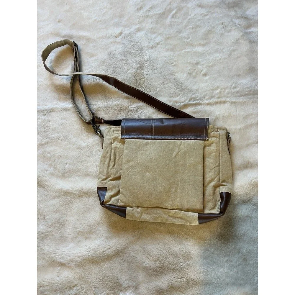 Recycled Military Messenger Bag Crossbody Adjustable Pockets Beige/leather Boho